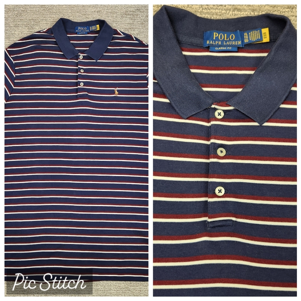 Polo Ralph Lauren Shirt Mens XL Navy Maroon White Striped Short Sleeve Classic